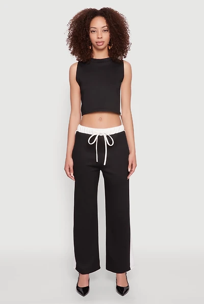Womens Contrast Trim Drawstring Waist Sweatpants,