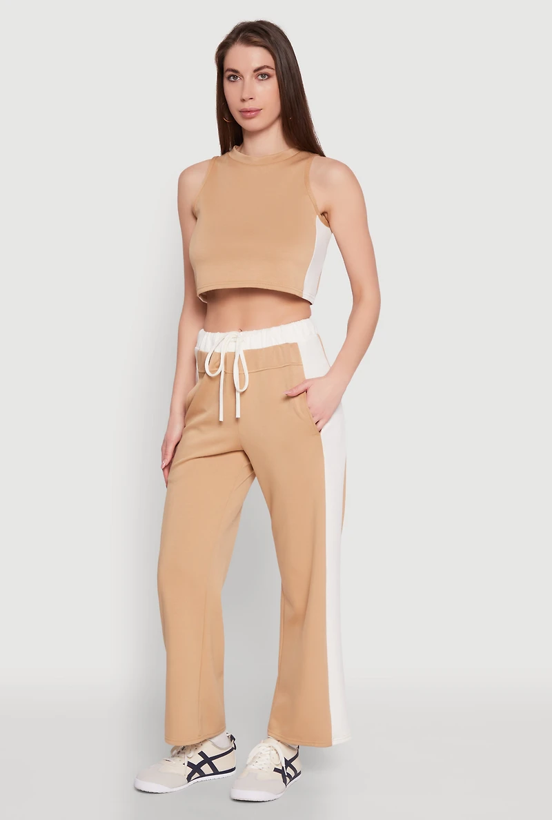 Womens Contrast Trim Drawstring Waist Sweatpants, Khaki, Size L