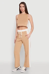 Womens Contrast Trim Drawstring Waist Sweatpants, Khaki, Size L