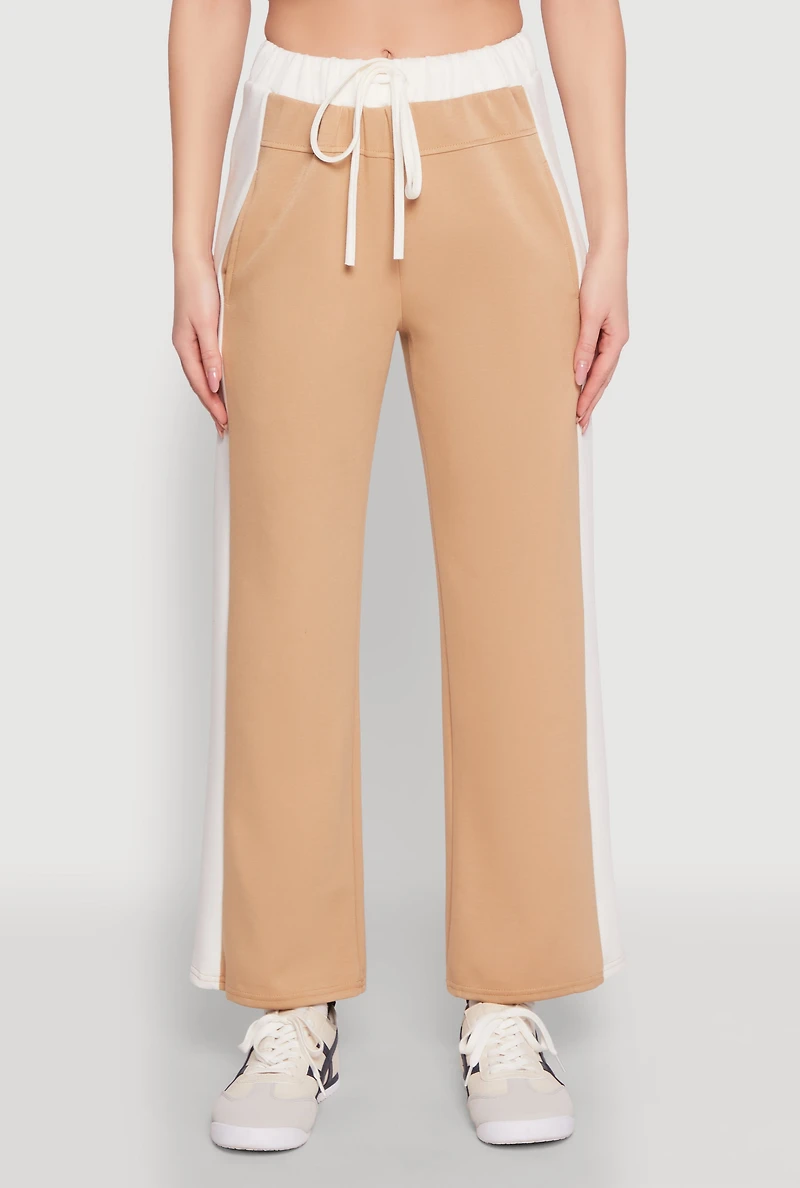 Womens Contrast Trim Drawstring Waist Sweatpants, Khaki, Size L