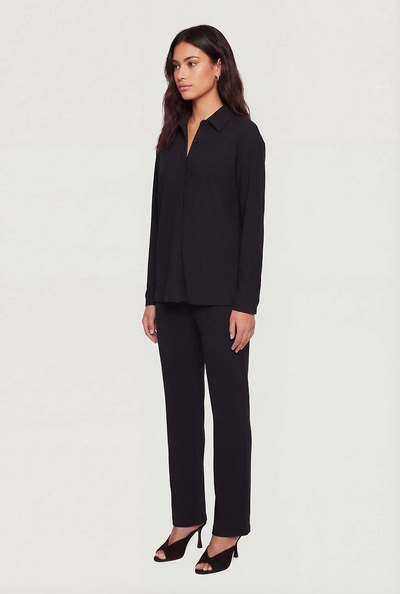 Textured Ribbed Knit Button Front Long Sleeve Shirt