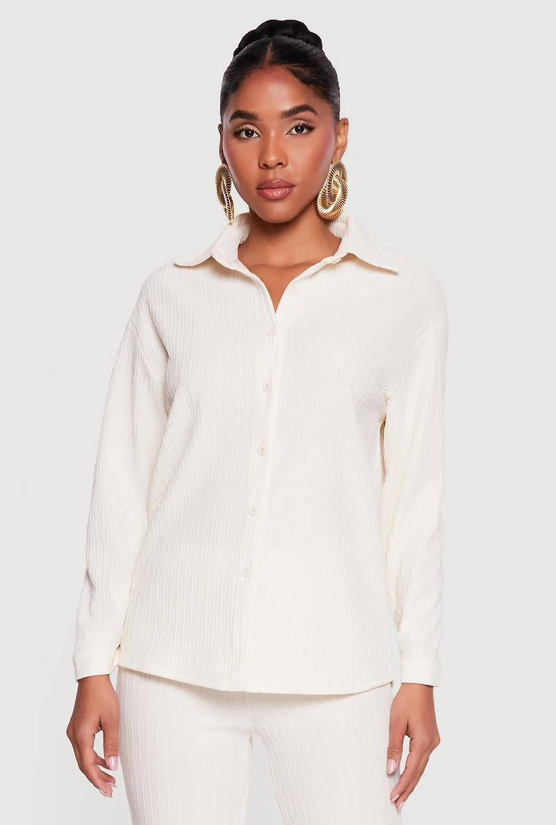Textured Ribbed Knit Button Front Long Sleeve Shirt