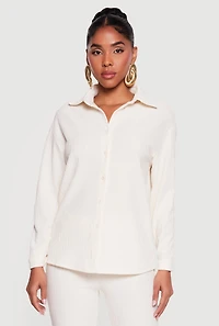 Textured Ribbed Knit Button Front Long Sleeve Shirt