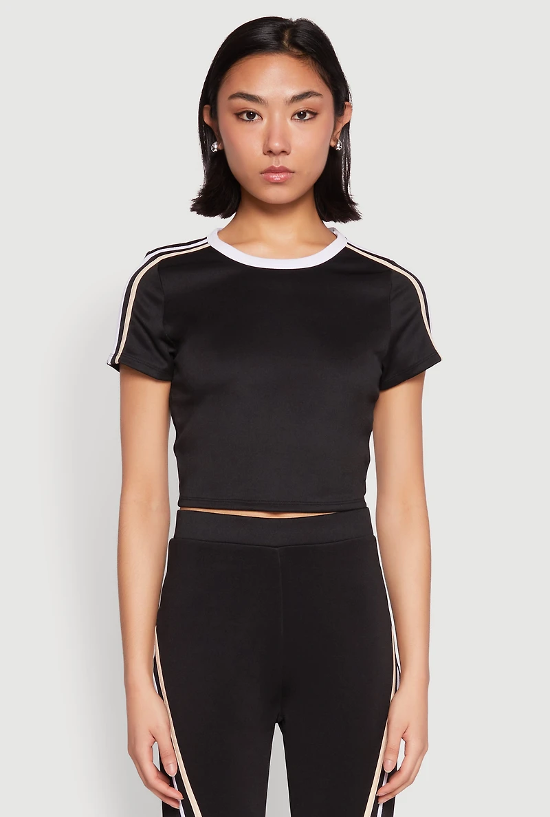 Womens Varsity Stripe Crop Top, Black, Size L