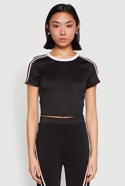 Womens Varsity Stripe Crop Top, Black, Size L