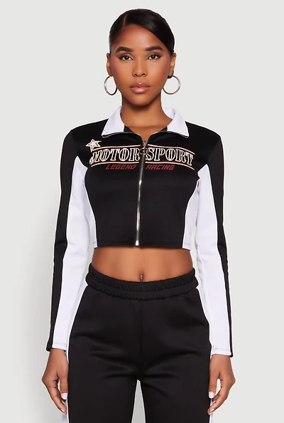 Womens Motorsport Legend Racing Zip Front Crop Top, Black, Size L