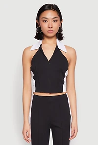 Womens Color Blocked Collared Halter Crop Top,