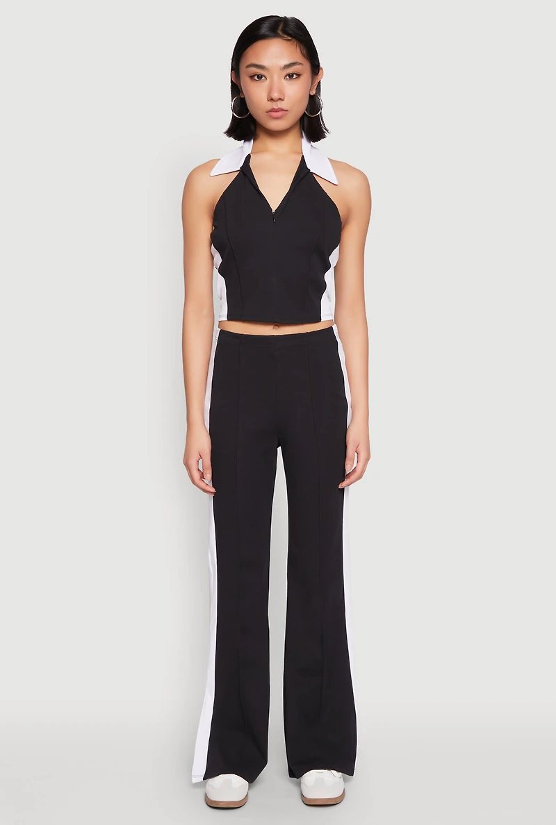 Womens Color Blocked Collared Halter Crop Top,