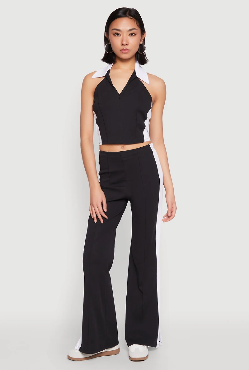 Womens Color Blocked Collared Halter Crop Top,
