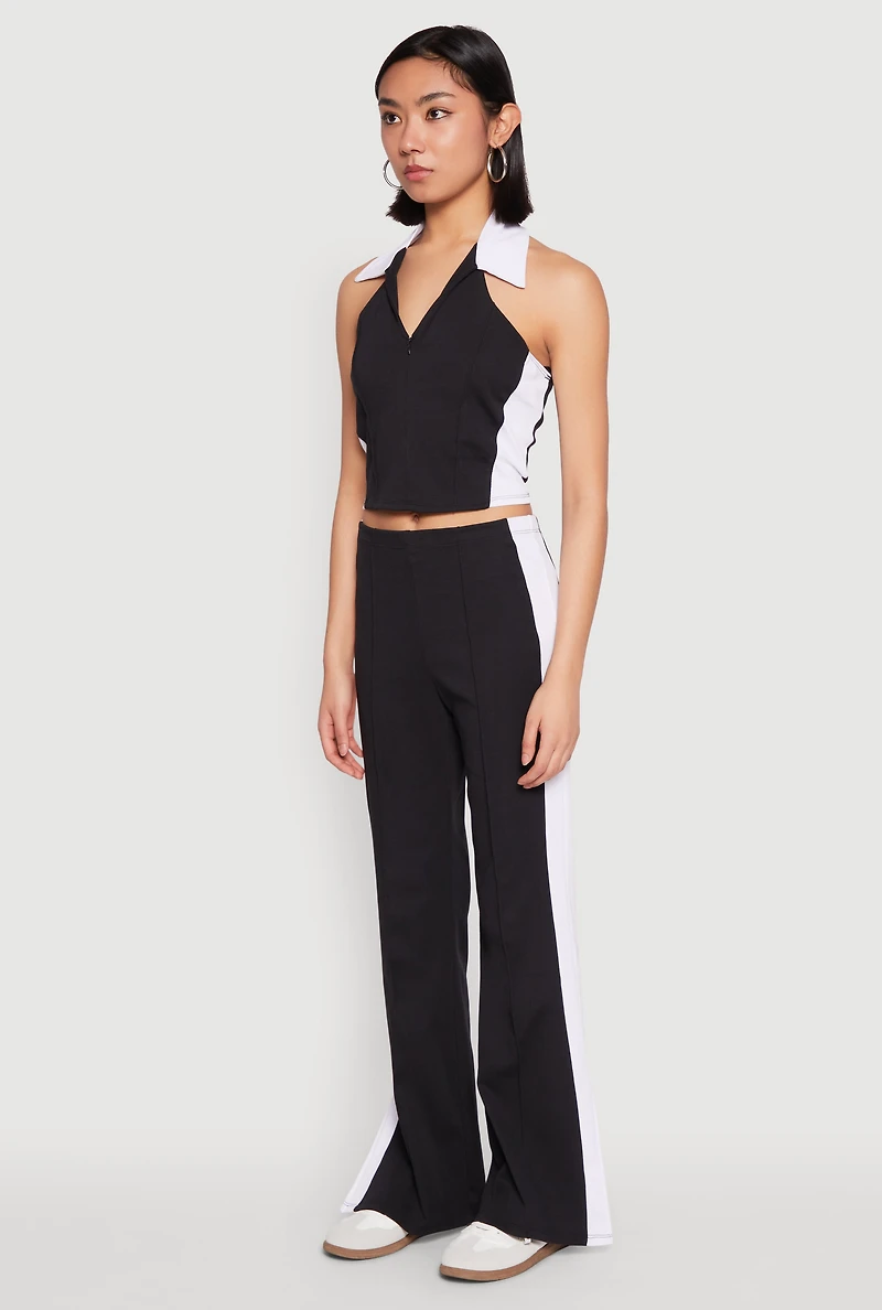 Womens Color Blocked Collared Halter Crop Top,