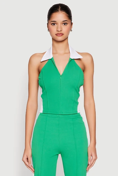 Color Blocked Collared Halter Crop Top