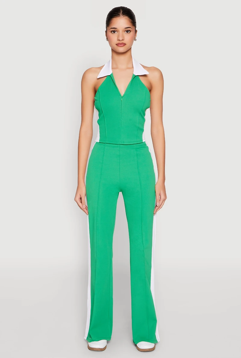 Color Blocked Collared Halter Crop Top