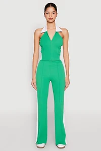 Color Blocked Collared Halter Crop Top