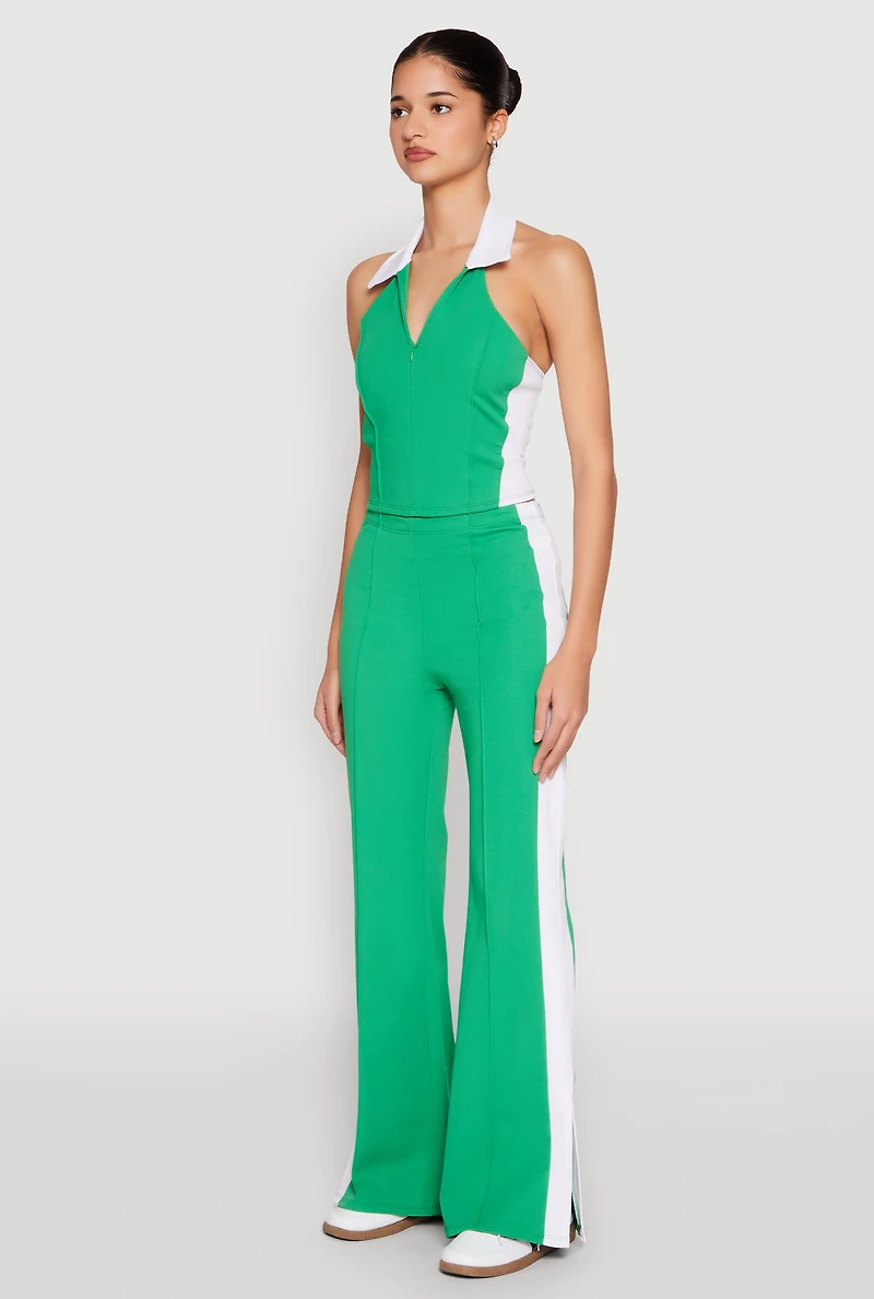 Color Blocked Collared Halter Crop Top