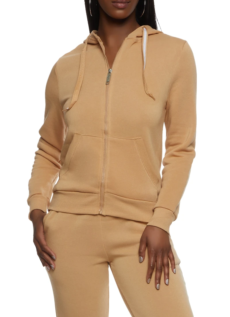 Solid Fleece Zip Front Hooded Sweatshirt
