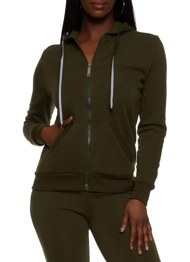 Solid Fleece Zip Front Hooded Sweatshirt
