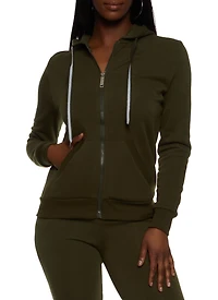 Solid Fleece Zip Front Hooded Sweatshirt