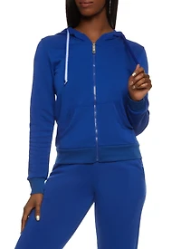 Solid Fleece Zip Front Hooded Sweatshirt