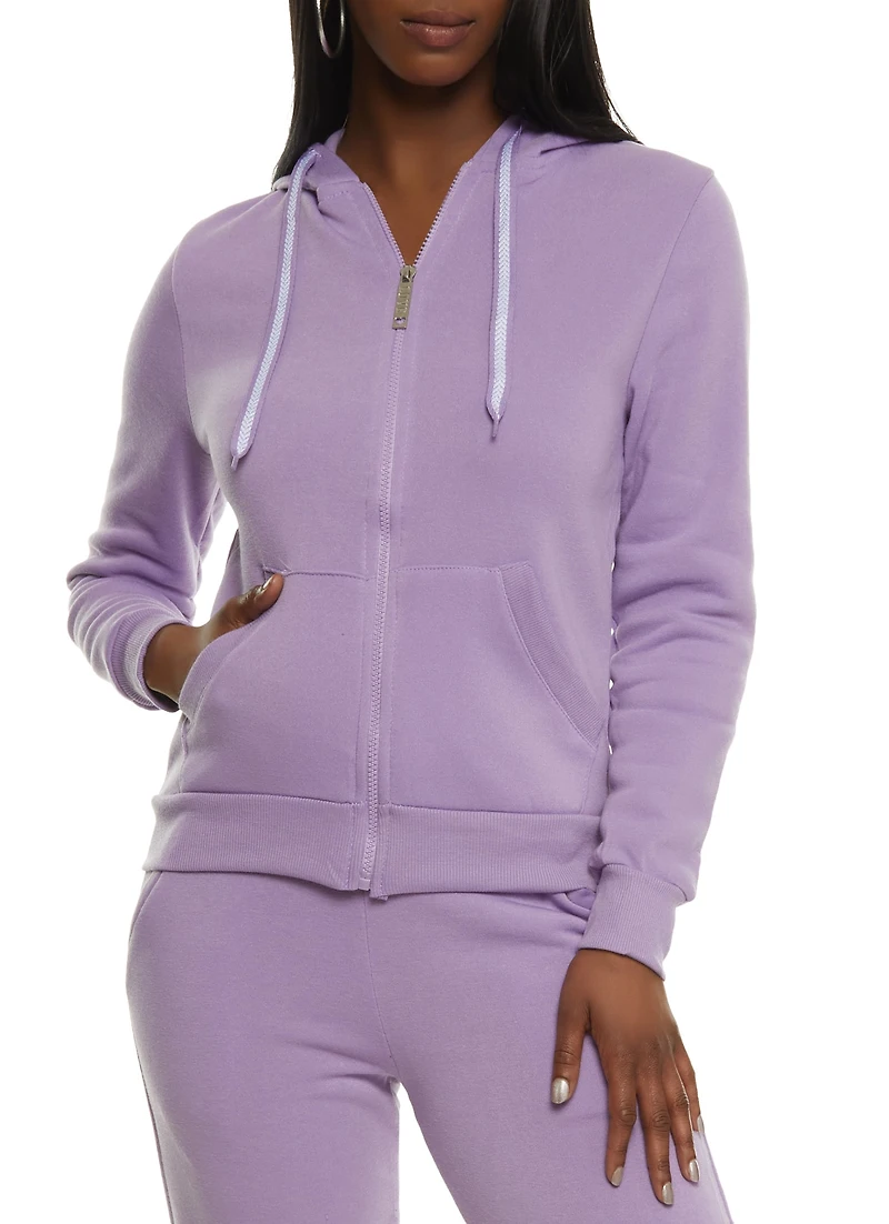 Solid Fleece Zip Front Hooded Sweatshirt
