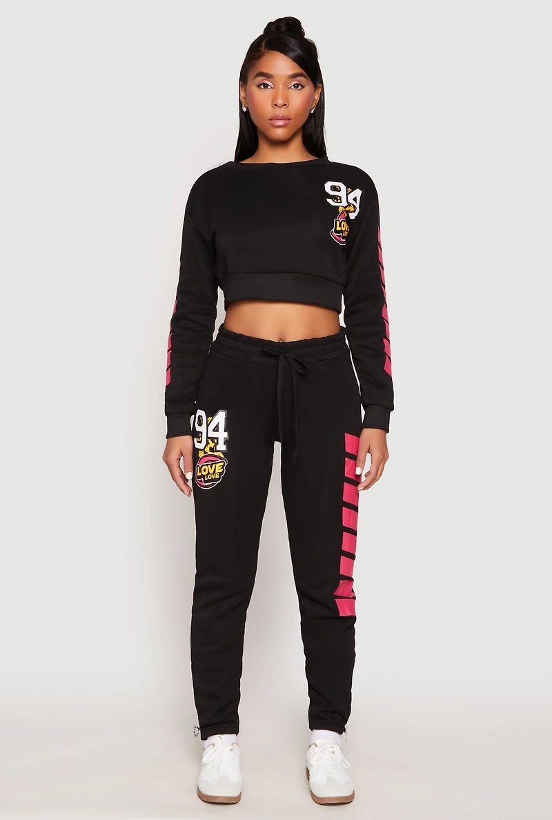 Womens Fleece 94 Love Graphic Cropped Sweatshirt, Black, Size L