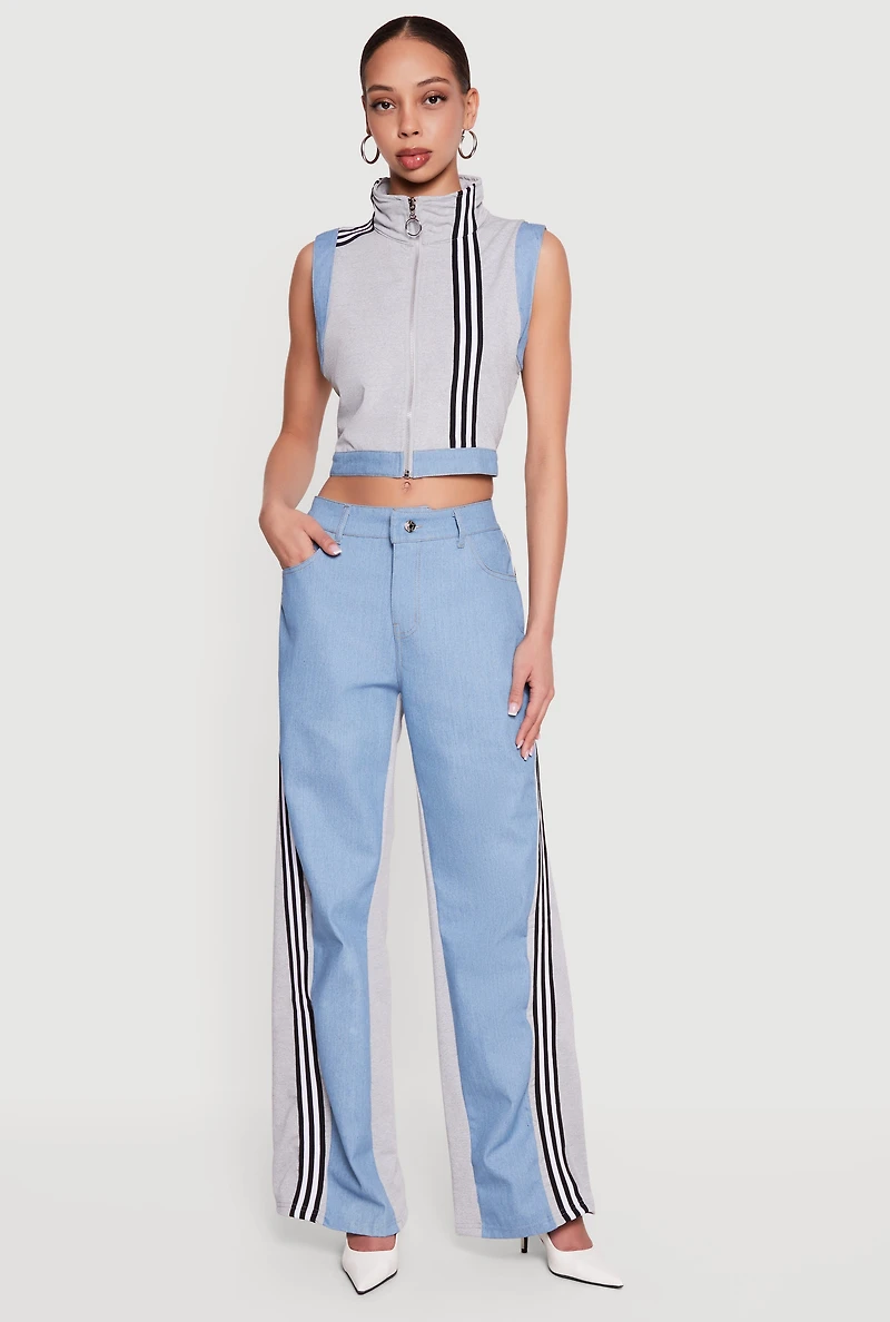 Denim Detail Contrast Trim Wide Leg Pants
