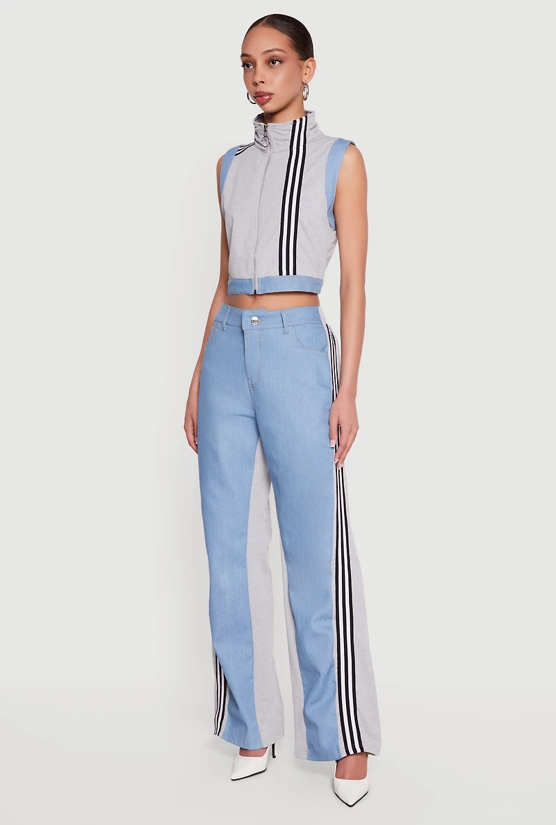Denim Detail Contrast Trim Wide Leg Pants
