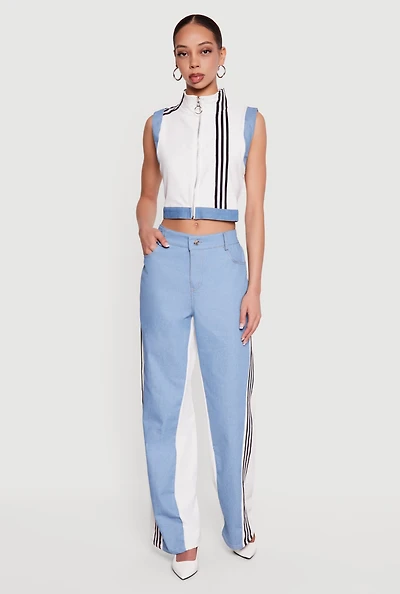 Denim Detail Contrast Trim Wide Leg Pants