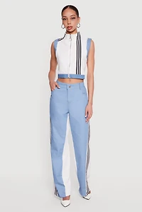 Denim Detail Contrast Trim Wide Leg Pants