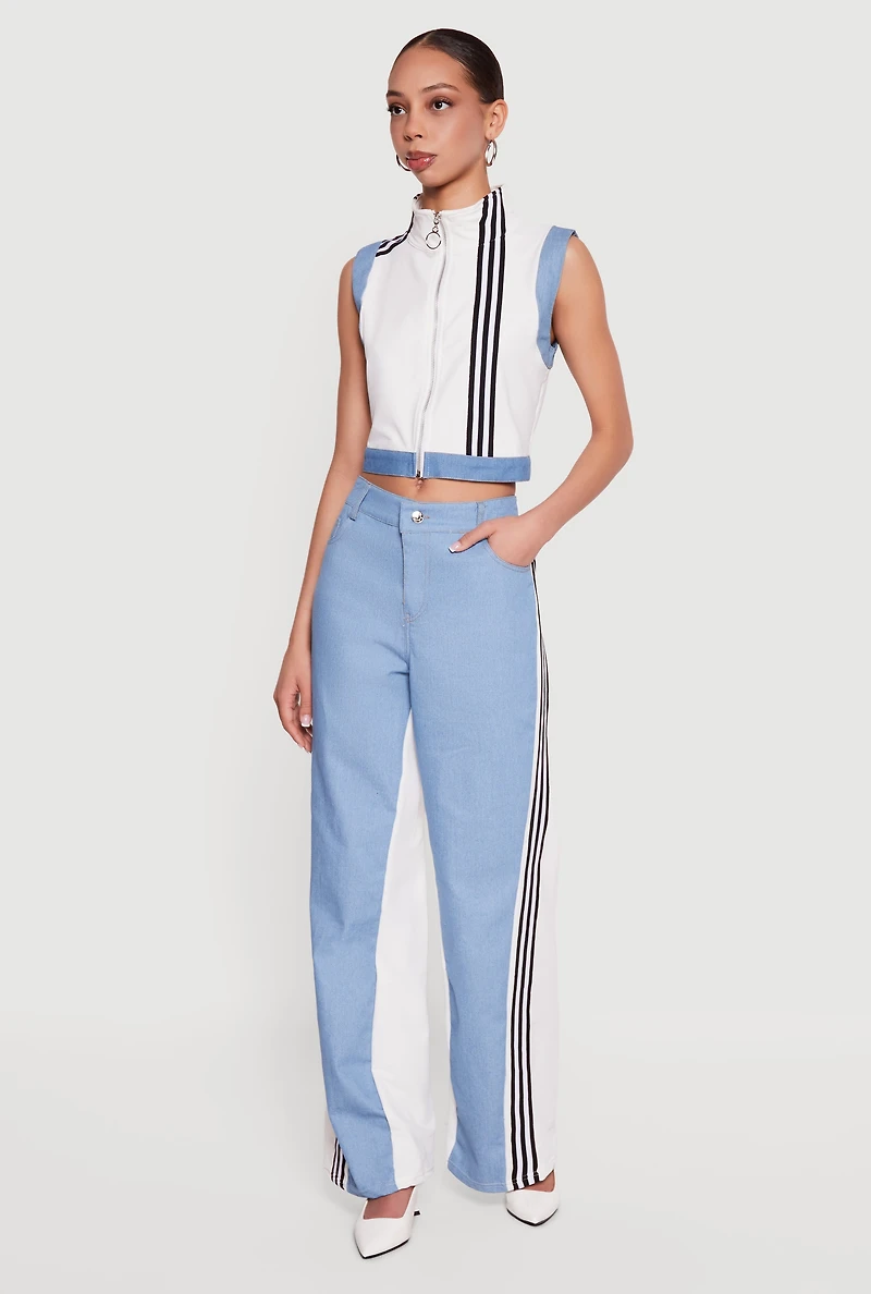 Denim Detail Contrast Trim Wide Leg Pants