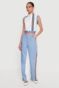 Denim Detail Contrast Trim Wide Leg Pants