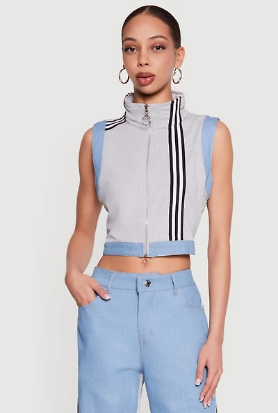 Zip Front Denim Trim Mock Neck Vest