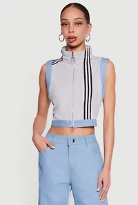 Zip Front Denim Trim Mock Neck Vest
