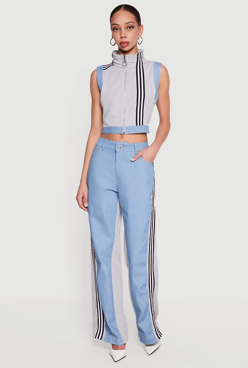 Zip Front Denim Trim Mock Neck Vest