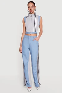 Zip Front Denim Trim Mock Neck Vest