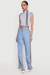 Zip Front Denim Trim Mock Neck Vest