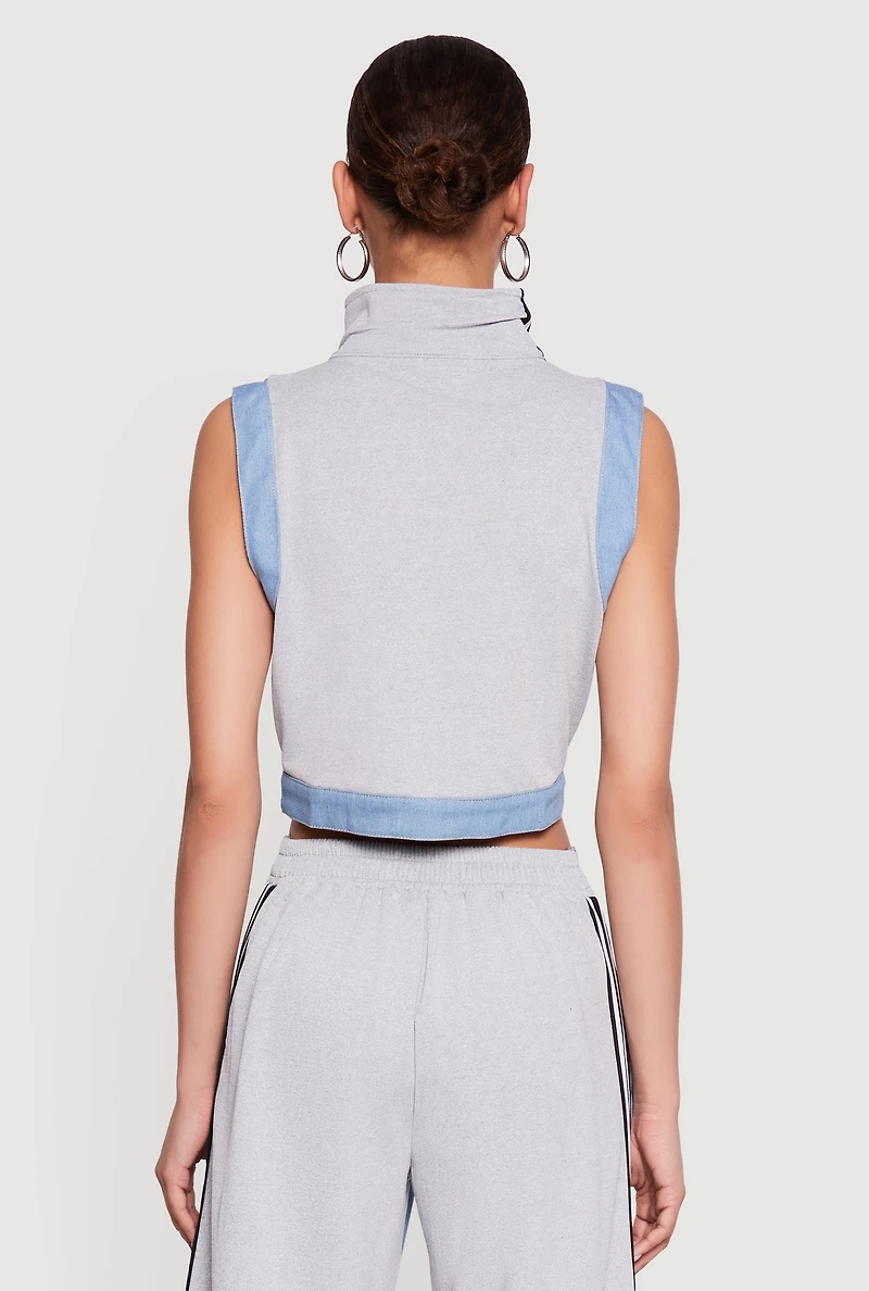 Zip Front Denim Trim Mock Neck Vest