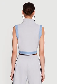 Zip Front Denim Trim Mock Neck Vest