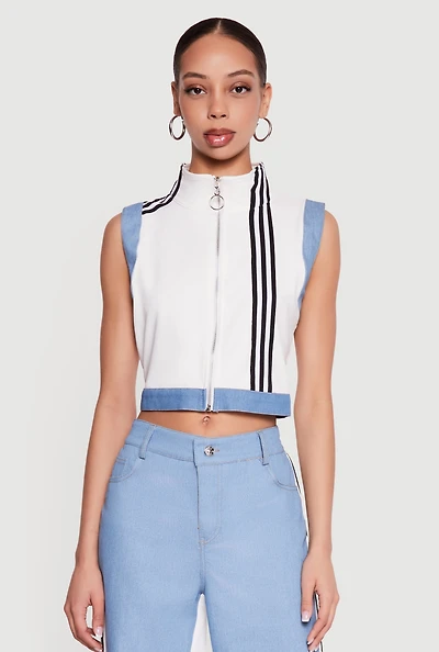 Zip Front Denim Trim Mock Neck Vest