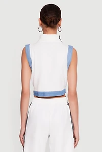 Zip Front Denim Trim Mock Neck Vest