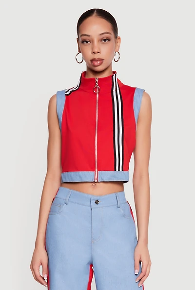 Zip Front Denim Trim Mock Neck Vest