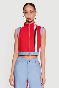 Zip Front Denim Trim Mock Neck Vest