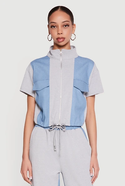 Denim Detail Mock Neck Zip Front Top