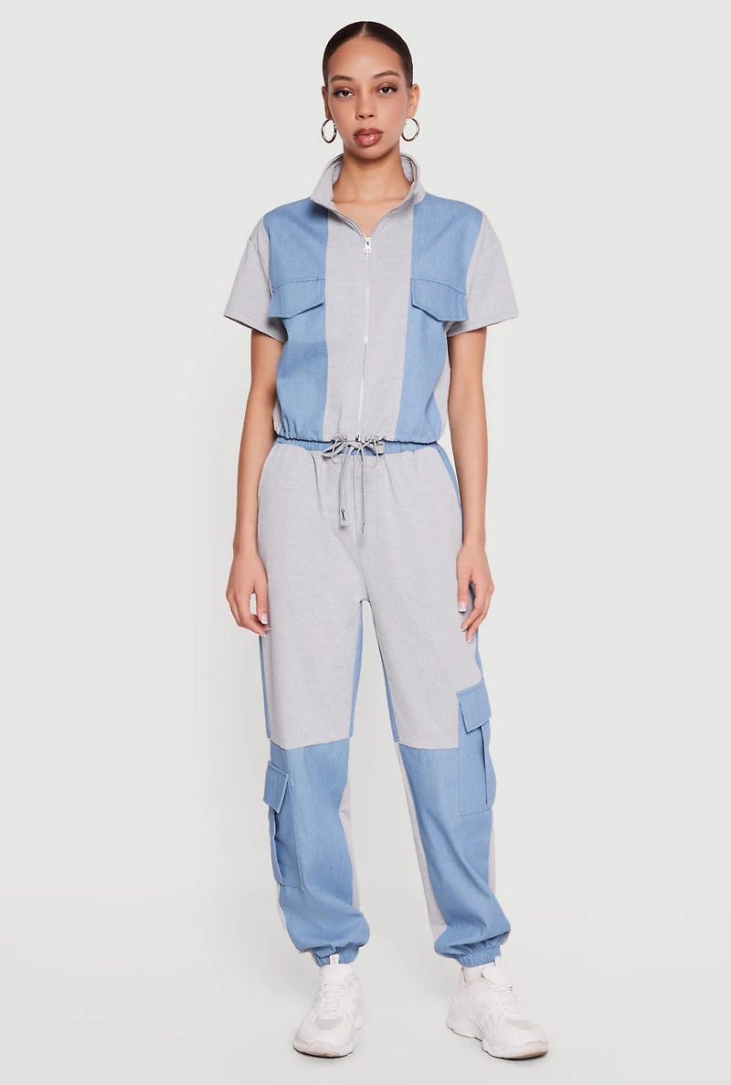 Denim Detail Mock Neck Zip Front Top