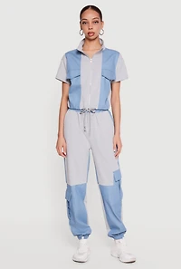 Denim Detail Mock Neck Zip Front Top