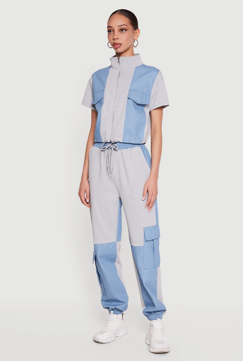 Denim Detail Mock Neck Zip Front Top