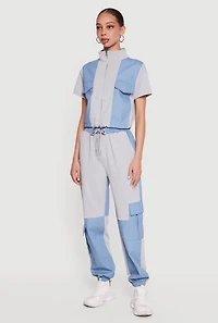 Denim Detail Mock Neck Zip Front Top