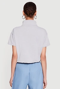 Denim Detail Mock Neck Zip Front Top