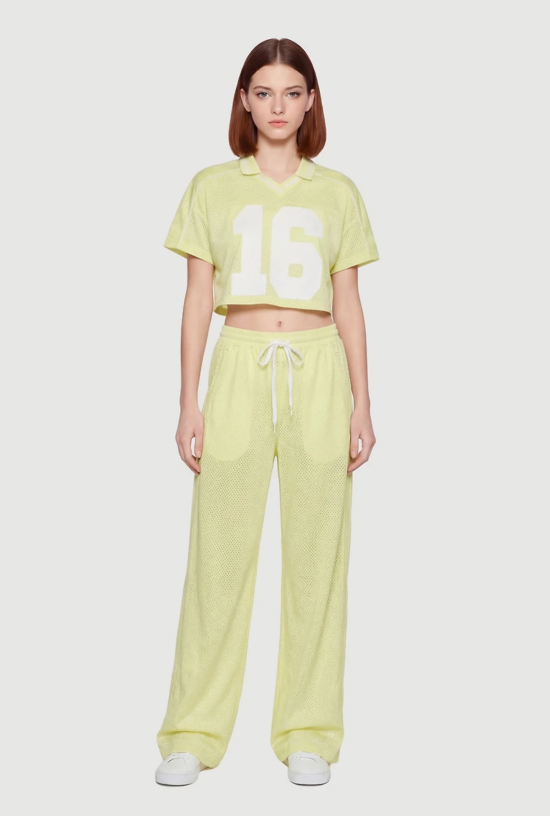 Jersey Mesh Drawstring Waist Wide Leg Pants