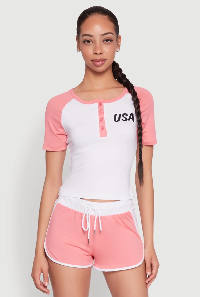 Womens Color Block USA Graphic Baseball Tee, White,