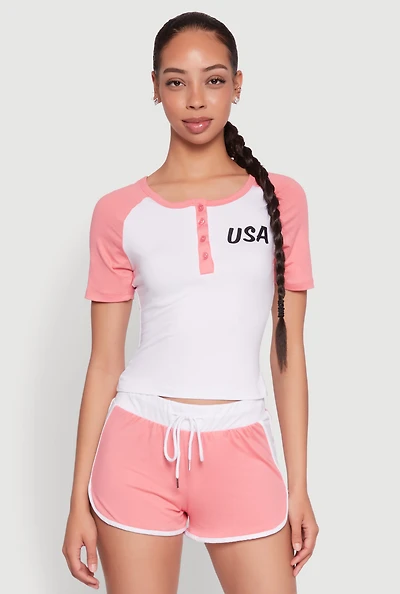 Womens Color Block USA Graphic Baseball Tee, White, Size M